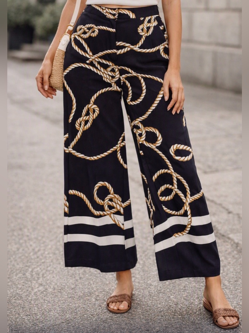 ZARA Nautical Rope Print Wide Leg Satin Pants Navy Gold Small